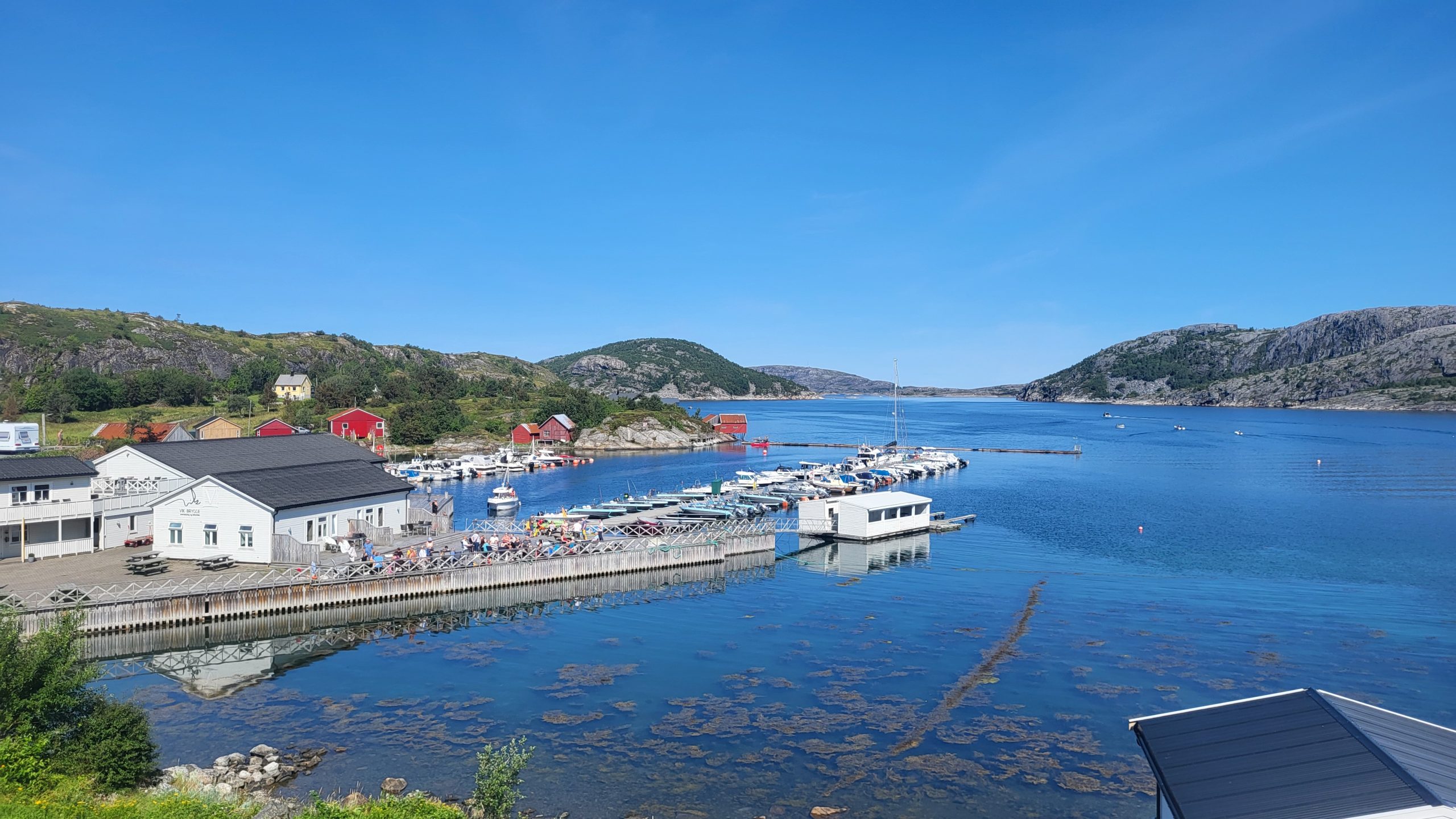 Oversiktsbilde av Vik Brygge i Flatanger – hele havneanlegget med klubbhus, flytebrygger, bølgedemper og utsikt utover fjorden